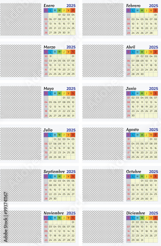 Spanish Calendario All Month Calender 2025 , Horizontal Calender Template. Mock Up, Layout Of A Wall Or Desk Simple Calendar