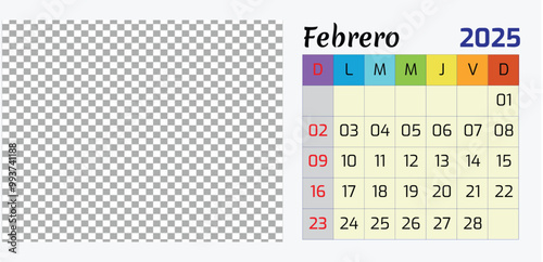 Spanish Calendario Febrero Calendar 2025 , February Horizontal Calendar Template. Mock Up, Layout Of A Wall Or Desk Simple Calendar