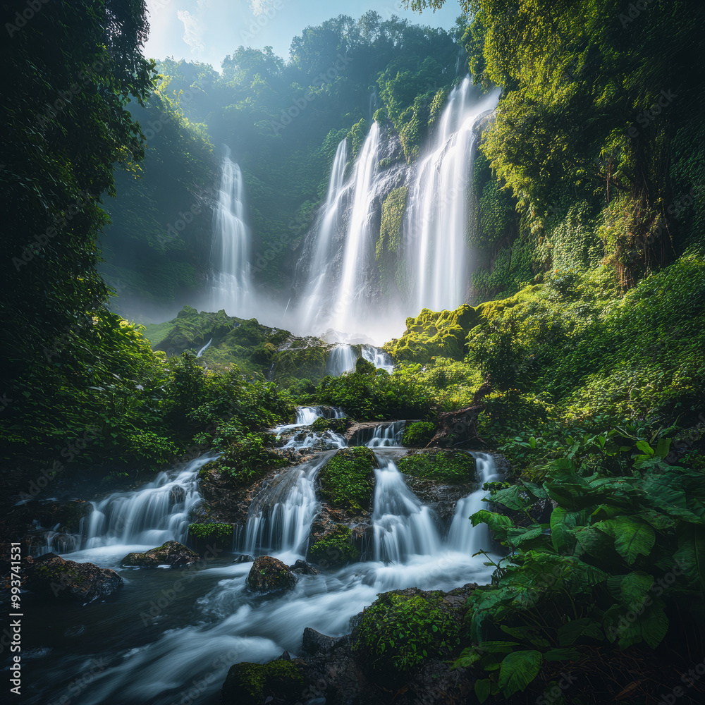 Fototapeta premium a high quality image of a majestic waterfall surrounded by lush greenery, cascading, serene, natural beauty, landscape photography, long exposure, misty, backlit, high dynamic range, scenic