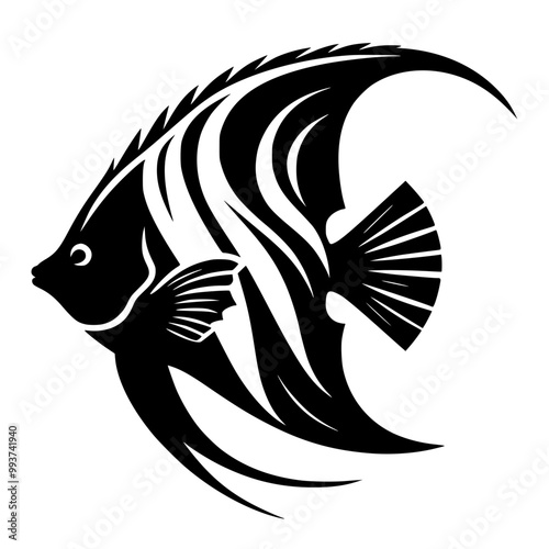 angel fish silhouette isolated on white, Graceful angelfish silhouette. Elegantly isolated on a crisp white background, showcasing streamlined fins and captivating beauty