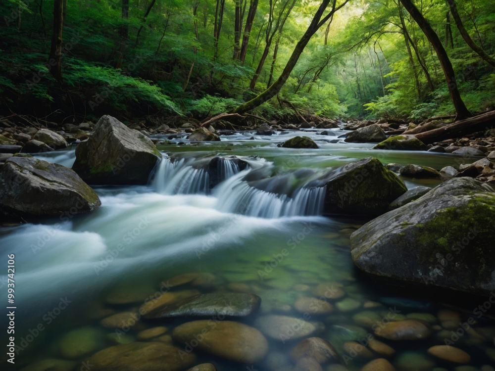 Sunlit forest river flowing over rocks surrounded by lush trees in nature Sunlit forest river flowing over rocks surrounded by lush trees in nature