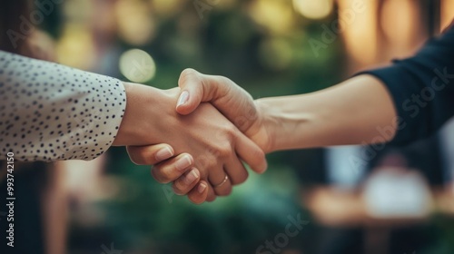 Two hands shaking in a friendly business agreement outdoors.