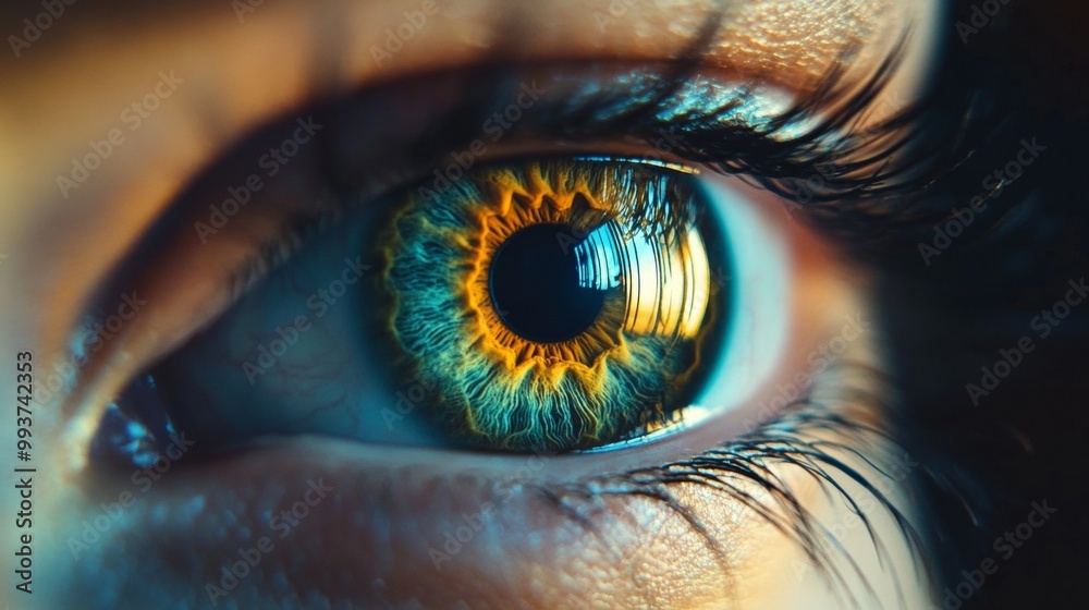 A close up of a person's eye with a blue iris and a yellow pupil A close up of a person's eye with a blue iris and a yellow pupil