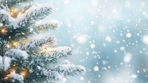 A snowy pine tree adorned with lights, creating a festive winter atmosphere.