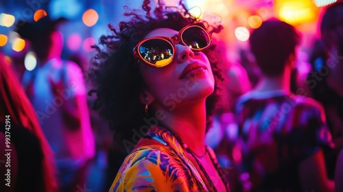 A vibrant party scene featuring a stylish woman with sunglasses amidst colorful lights.