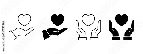 Hands holding heart icon set. save and care life vector symbol. giving love pictogram. give solidarity two hands icon. charity or donation sign. Color editable photo