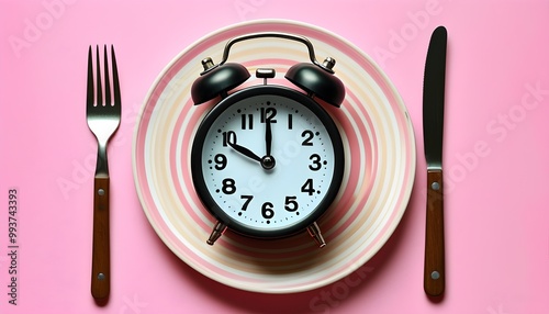 Artistic portrayal of an analog alarm clock on a pink and white striped plate, complemented by a fork and knife, symbolizing the preciousness of time photo