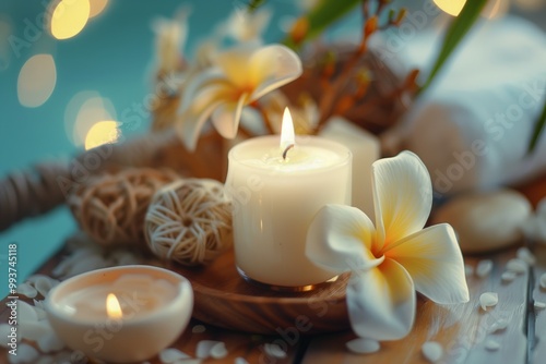 A table with candles, flowers, and rocks