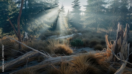 A photo of a person observing sunlight filtering through the trees in a forest. The person is sitting on a log and is surrounded by a natural landscape of terrestrial plants, trunks, twigs, grass, and
