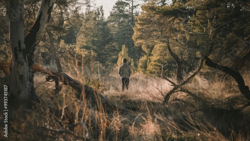 A photo of a person standing in a forest, observing the sunlight filtering through the trees. The forest is filled with terrestrial plants, trunks, twigs, grass, and various shades of wood. The person