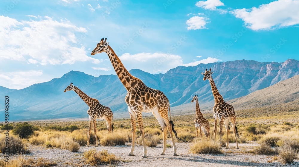 Fototapeta premium A family of giraffes roaming freely in a nature reserve, with a backdrop of mountains and a bright blue sky, emphasizing their natural habitat.