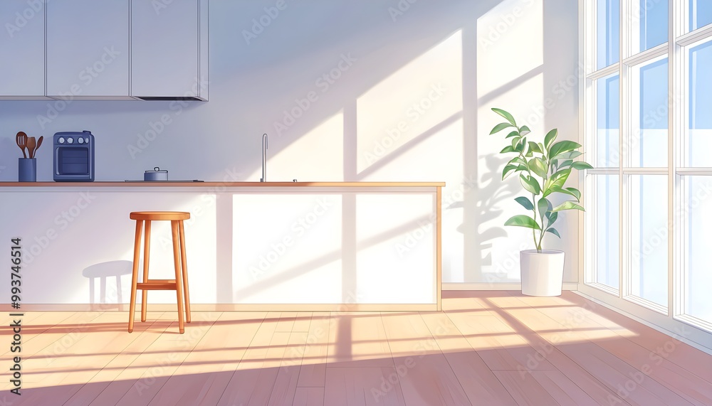 Fototapeta premium Bright modern kitchen with sunlight filtering through windows, illuminating the polished wooden floor, warm and peaceful scene