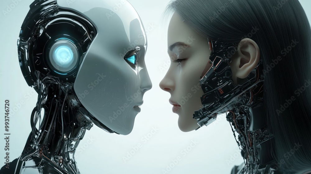 Fototapeta premium Illustration of the concept of confrontation between a woman and an artificial AI robot. Ai generated image