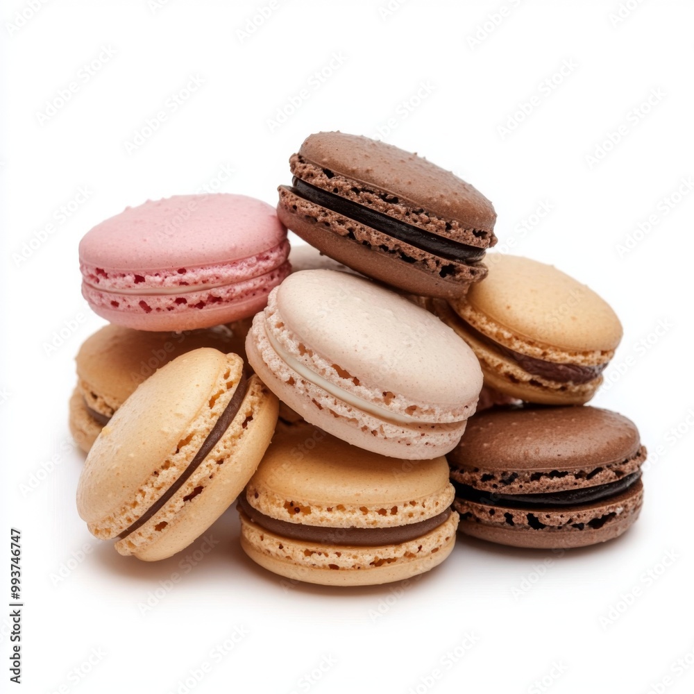 A close-up view of a pile of colorful and delicious macarons on a white background. A close-up view of a pile of colorful and delicious macarons on a white background.