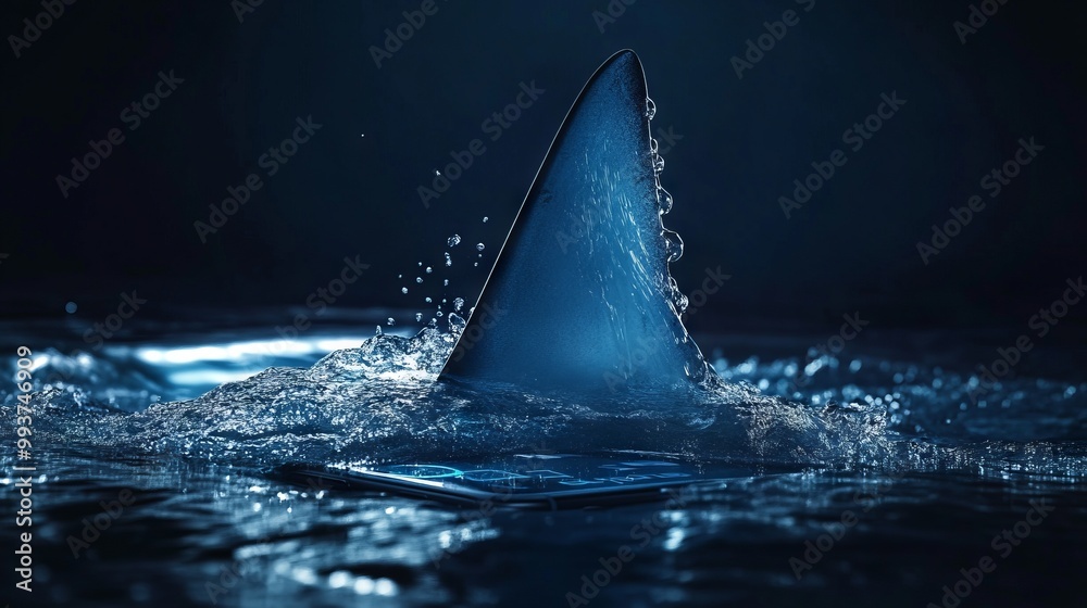 Fototapeta premium Shark Fin Rising: A Cinematic iPhone Concept. AI generated illustration