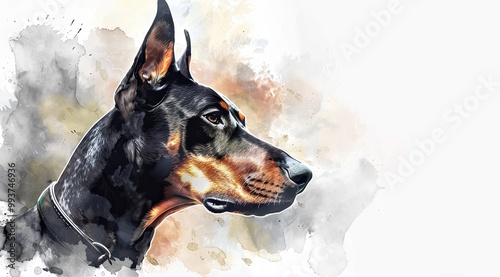 Watercolor illustration showcases a black and brown Doberman in profile, with vibrant watercolor splashes in the background. The abstract splatter effect adds a dynamic touch,white background