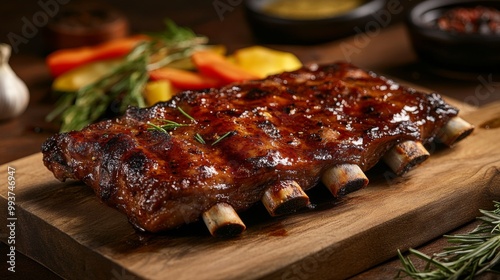 A mouthwatering shot of pork ribs glistening under a warm light, served on a cutting board with a side of grilled vegetables, creating an inviting presentation