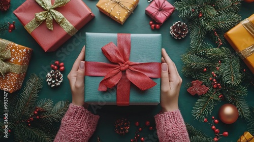 Festive Gift Wrapping of Colorful Boxes with Ribbons and Decorations for Holiday Season Flat Lay