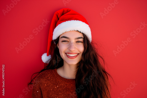 beautiful smiling young woman wearing santa hat on red background