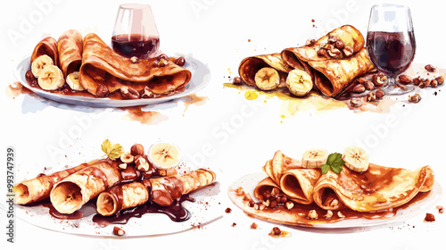 A set of four different types of pastries with bananas on top. The pastries are all different shapes and sizes, and they are all topped with bananas. The bananas are sliced