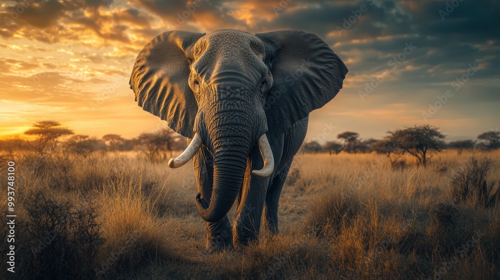 Fototapeta premium An elephant with one damaged ivory tusk The African bush elephant