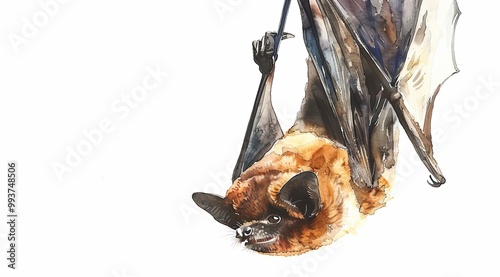 vibrant illustration captures a detailed, close-up view of a bat on white background, artwork highlights the bat's wings and furry body, showcasing a mix of warm browns and dark tones 