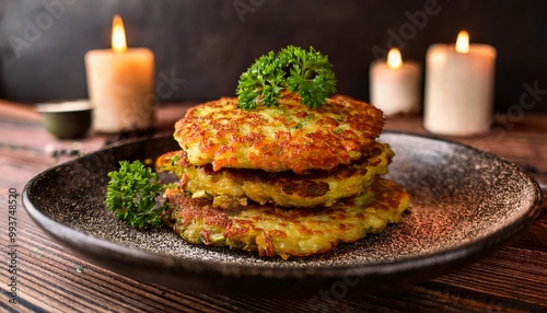 Golden Brown Potato Pancakes with Fresh Parsley Garnish photo