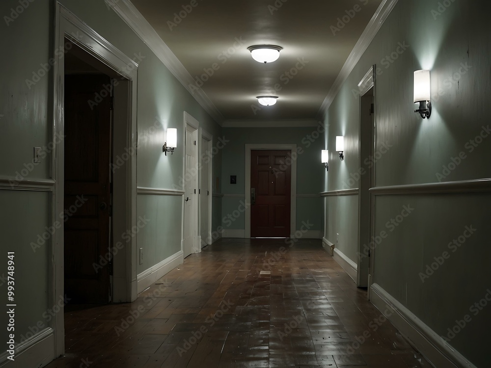 A hallway with a ghost walking down it. A hallway with a ghost walking down it.