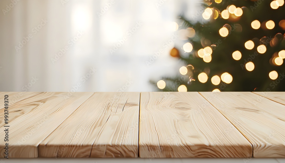 Empty wooden table with blurred Christmas tree and festive lights, cozy indoor holiday ambiance, warm and inviting Empty wooden table with blurred Christmas tree and festive lights, cozy indoor holiday ambiance, warm and inviting
