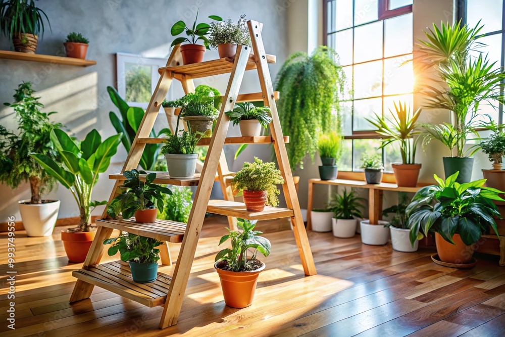 Fototapeta premium Wooden Ladder with Potted Plants Displayed in a Bright and Cozy Indoor Living Space Decor