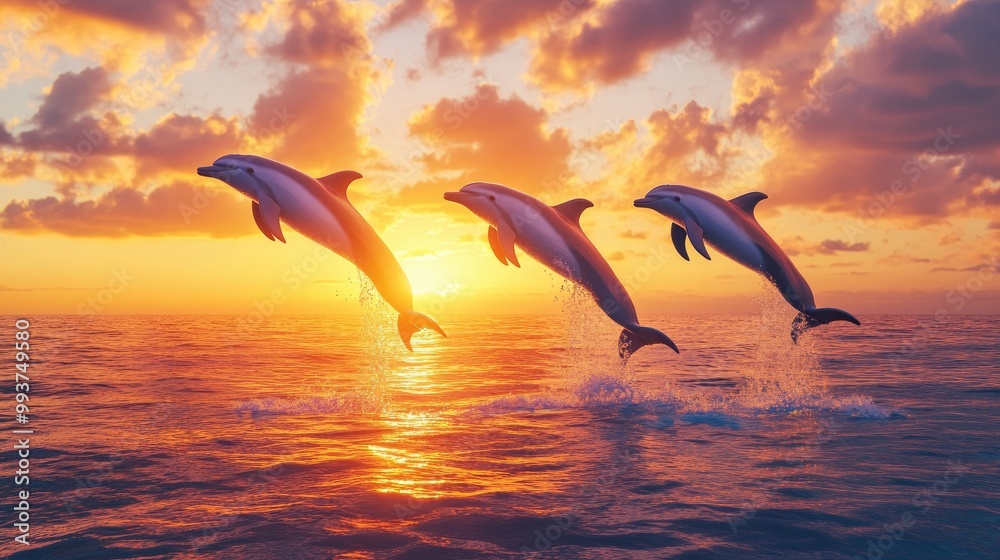 Fototapeta premium A group of dolphins performing acrobatics in a marine park, leaping high into the air against a vibrant sunset backdrop, showcasing their agility and grace.
