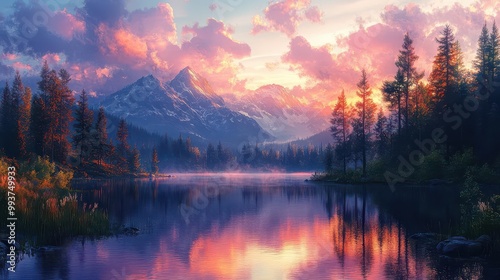 colorful landscape illustration featuring a serene lake surrounded by trees and majestic mountains under a sky painted with soft pink clouds inviting calmness