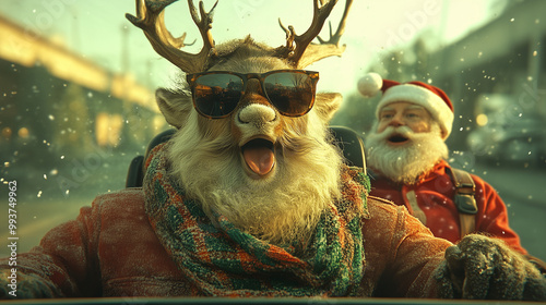 Reindeer in Sunglasses Driving Santa on a Fun Holiday Road Trip

