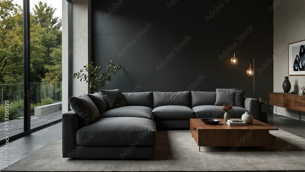 A modern chic lounge with a charcoal gray sectional sofa. A modern chic lounge with a charcoal gray sectional sofa.