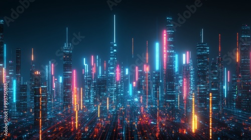 Urban digital advancement: Smart city evolution. Night cityscape illuminated by vibrant lights. Modern communication advancement: 5G and fiber optics. photo