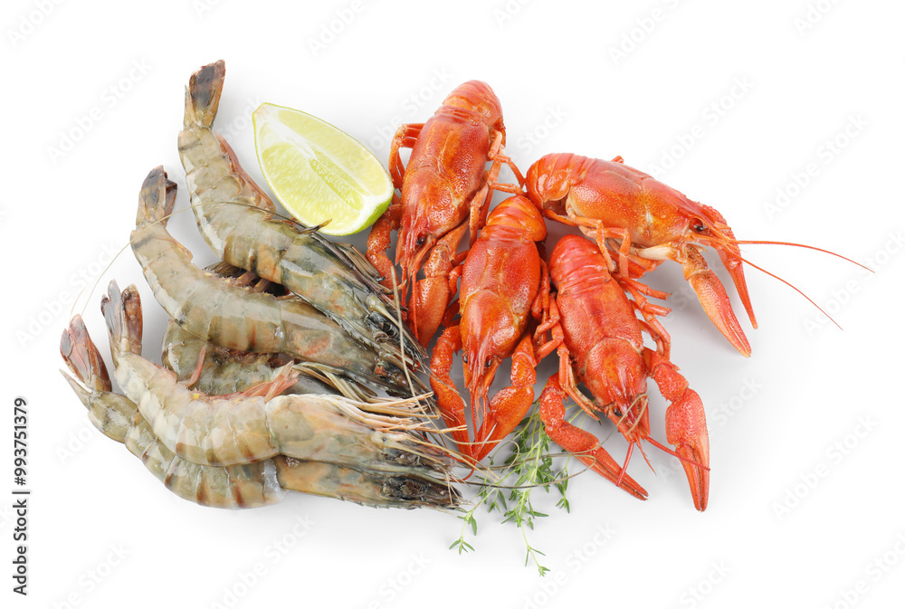 Crayfishes, shrimps, lemon and thyme isolated on white, top view. Sea food Crayfishes, shrimps, lemon and thyme isolated on white, top view. Sea food