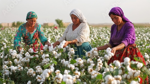 Uzbek women gather cotton on a field outside Samarkand, Uzbekistan. photo