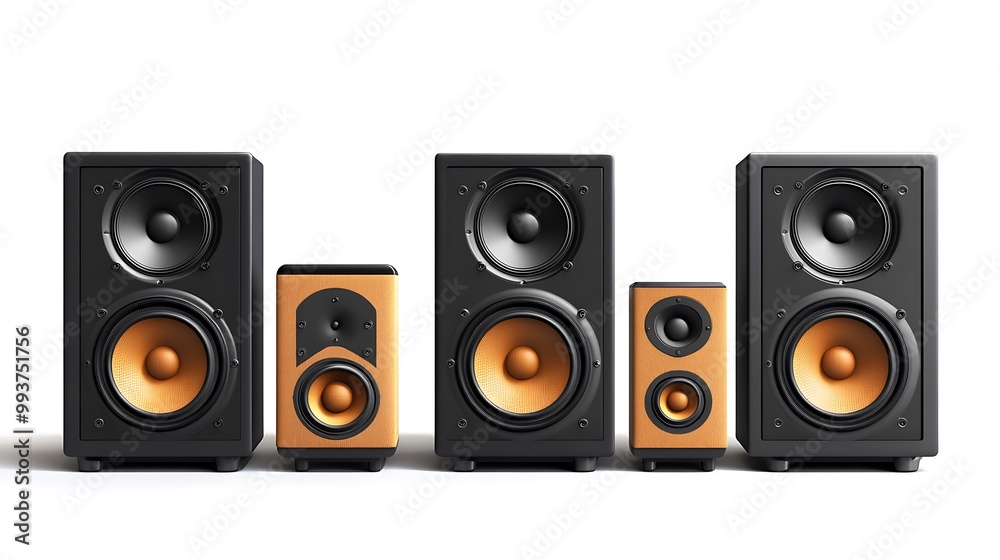 Five black and brown speakers with gold drivers arranged in a row. Five black and brown speakers with gold drivers arranged in a row.