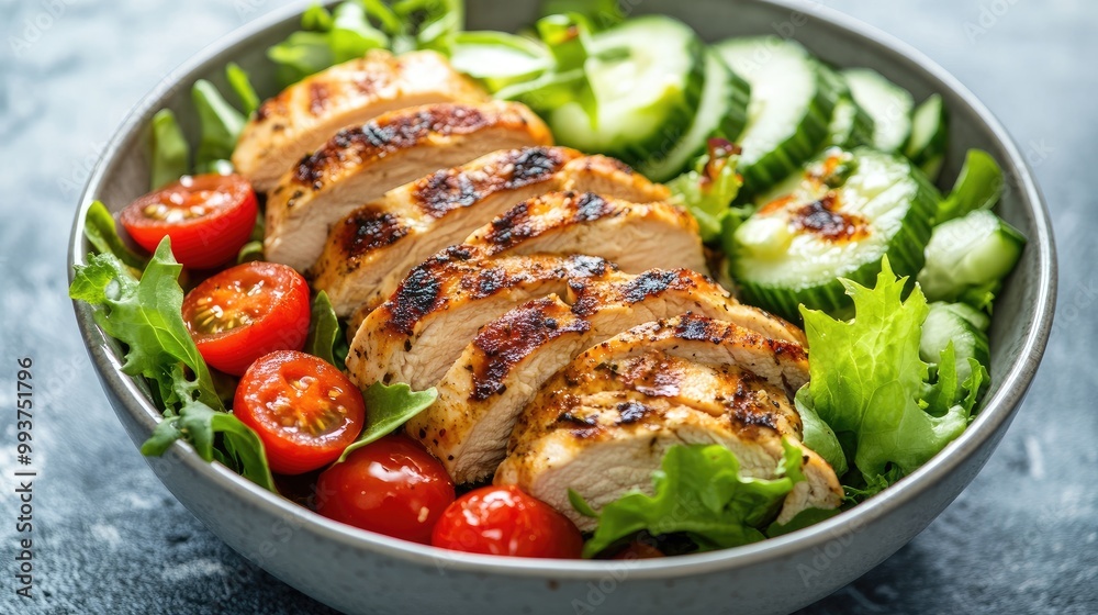 A healthy chicken salad bowl with grilled chicken slices, fresh mixed greens, avocado, cherry tomatoes, cucumbers, and a drizzle of olive oil. A healthy chicken salad bowl with grilled chicken slices, fresh mixed greens, avocado, cherry tomatoes, cucumbers, and a drizzle of olive oil.