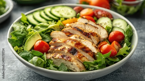 A healthy chicken salad bowl with grilled chicken slices, fresh mixed greens, avocado, cherry tomatoes, cucumbers, and a drizzle of olive oil. -