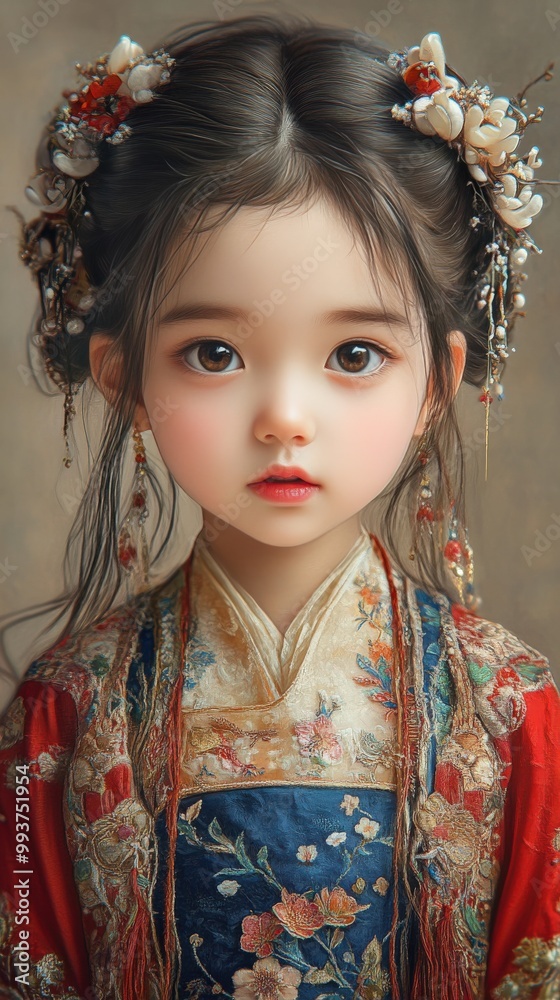 Hyper-realistic portrait of a young Chinese girl in traditional dress with delicate facial features