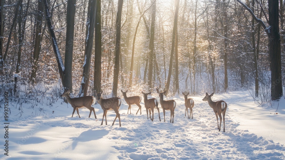 A herd of deer walking through a snowy forest, their footprints visible in the fresh snow, with sunlight streaming through the bare trees. A herd of deer walking through a snowy forest, their footprints visible in the fresh snow, with sunlight streaming through the bare trees.