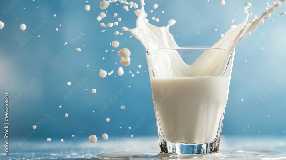 A glass filled with fresh milk experiences a vibrant splash, sending droplets in air against a blue backdrop, copy space A glass filled with fresh milk experiences a vibrant splash, sending droplets in air against a blue backdrop, copy space