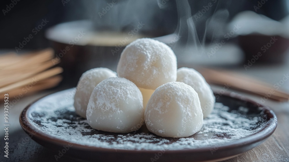 A plate of freshly made mochi, a traditional Japanese rice cake, dusted with powdered sugar and steaming.