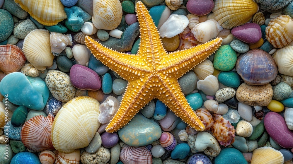 An artistic shot of a starfish against a backdrop of colorful seashells and pebbles, creating a vibrant and visually appealing composition. An artistic shot of a starfish against a backdrop of colorful seashells and pebbles, creating a vibrant and visually appealing composition.
