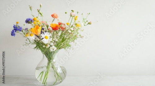 Wallpaper Mural An elegant glass vase showcasing a colorful bouquet of wildflowers, set against a minimalist backdrop of white walls and a sleek countertop. Torontodigital.ca