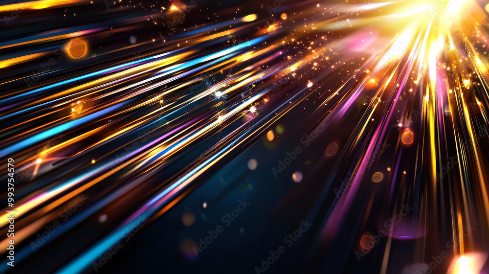 Fototapeta premium Vibrant light streaks create energetic and dynamic atmosphere, with colorful beams radiating against dark background. This abstract image evokes sense of movement and excitement