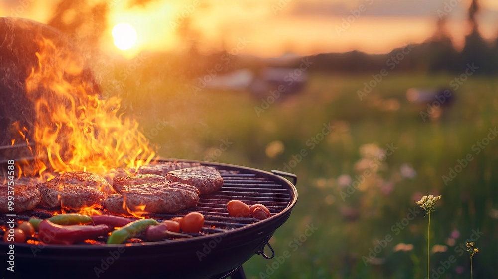 Sizzling Steaks and Vegetables on a Barbecue Grill at Sunset. AI generated illustration Sizzling Steaks and Vegetables on a Barbecue Grill at Sunset. AI generated illustration
