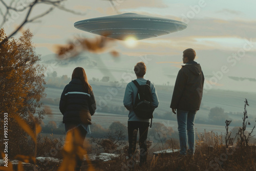 People observing supernatural lights in the dark sky UFO experience created with generative AI photo