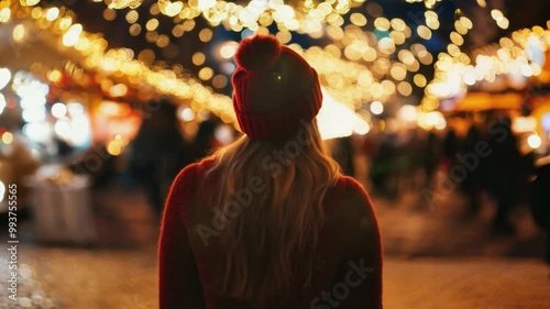 A woman stands with her back to the camera, admiring festive lights in a bustling outdoor Christmas market during the evening
